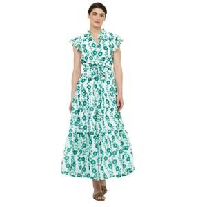 OLIPHANT Ruffle Collar Button Maxi Dress Toscana Green Short Sleeve Women's M
